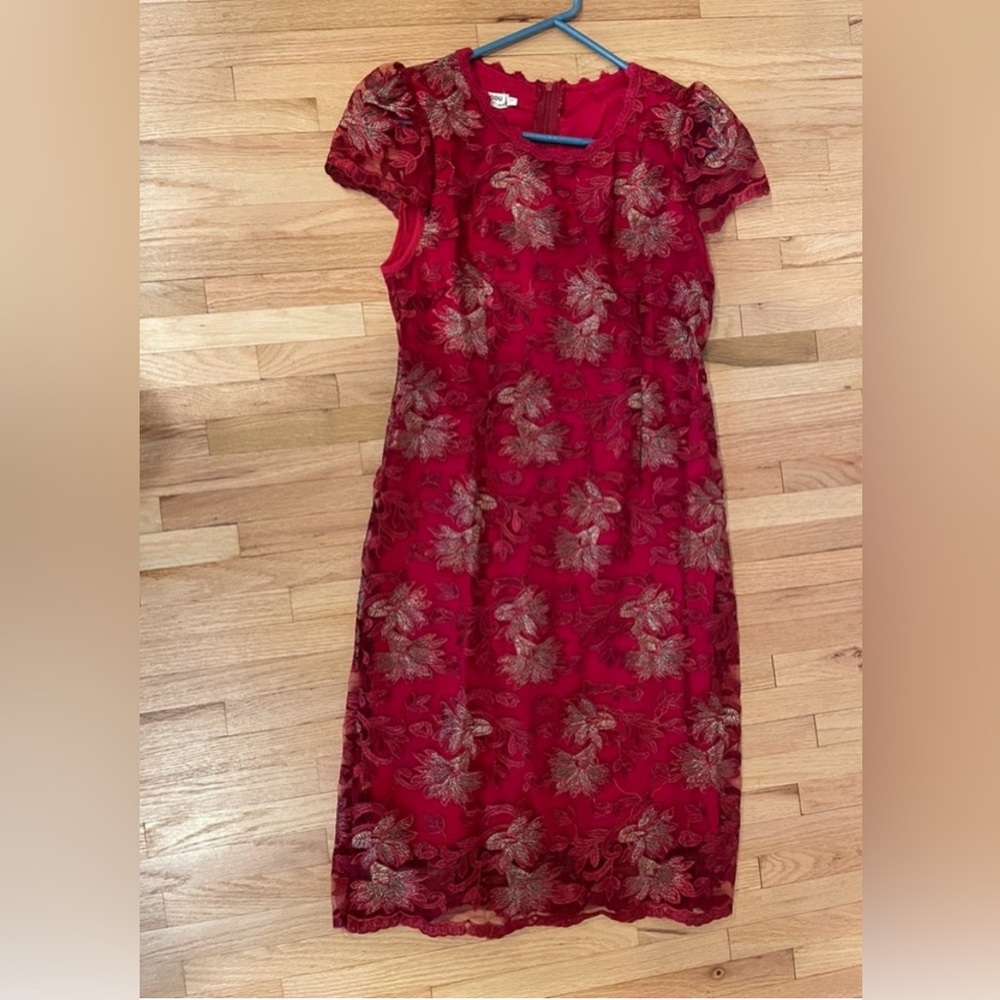 Red and gold lace floral dress